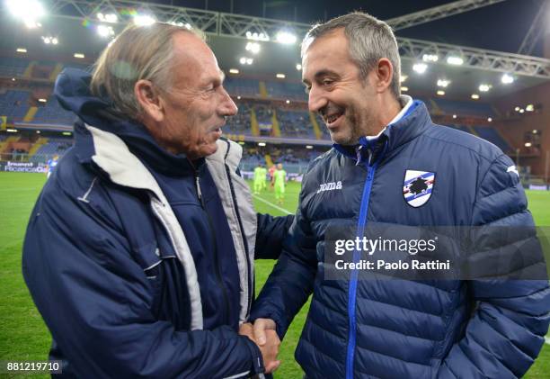 Marco Giampaolo head coach of Sampdoria and Zdenek Zeman head coach of Pescara during the Tim Cup match between UC Sampdoria and Pescara Calcio at...