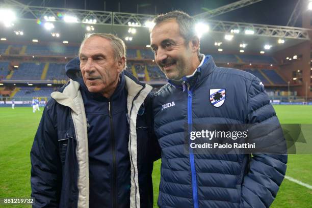 Marco Giampaolo head coach of Sampdoria and Zdenek Zeman head coach of Pescara during the Tim Cup match between UC Sampdoria and Pescara Calcio at...