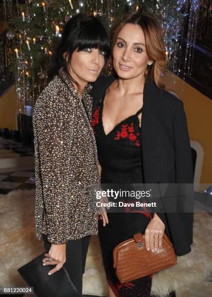 Claudia Winkleman and Narmina Marandi attend Claridge's Christmas Tree Party 2017, designed by Karl Lagerfeld, on November 28, 2017 in London, United...