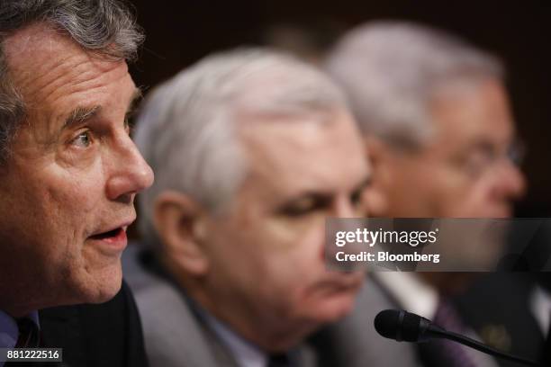 Senator Sherrod Brown, a Democrat from Ohio, delivers an opening statement during a Senate Banking Committee confirmation hearing with Jerome Powell,...