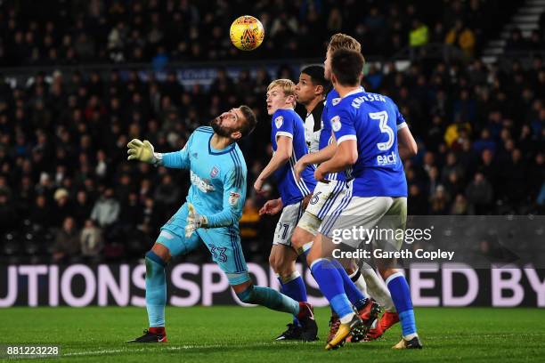 Goalkeeper, Bartosz Bialkowski of Ipswich Town mis controls the ball during the Sky Bet Championship match between Derby County and Ipswich Town at...