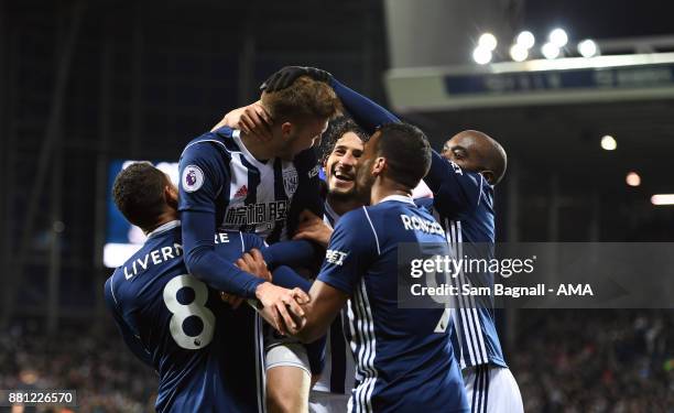 Sam Field of West Bromwich Albion celebrates after scoring a goal to make it 2-0 during the Premier League match between West Bromwich Albion and...