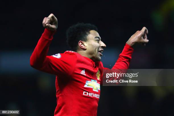 Jesse Lingard of Manchester United celebrates as he scores their fourth goal during the Premier League match between Watford and Manchester United at...