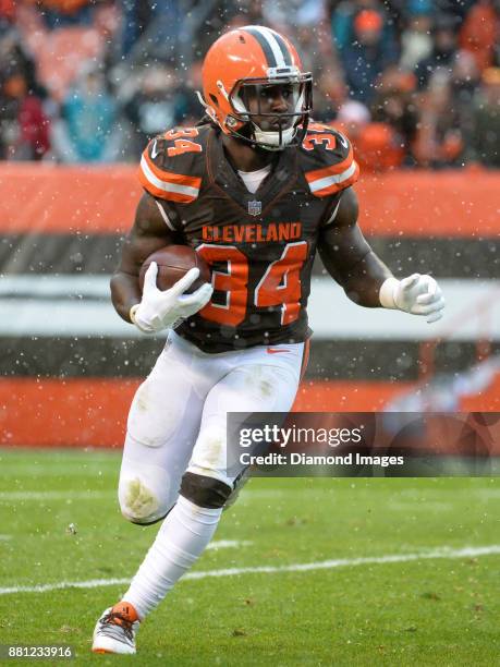 Running back Isaiah Crowell of the Cleveland Browns carries the ball in the second quarter of a game on November 19, 2017 against the Jacksonville...