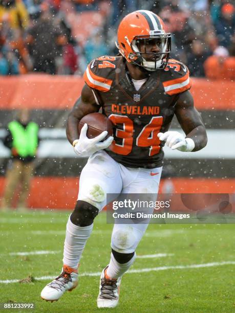 Running back Isaiah Crowell of the Cleveland Browns carries the ball in the second quarter of a game on November 19, 2017 against the Jacksonville...