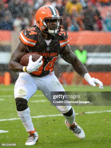 Running back Isaiah Crowell of the Cleveland Browns carries the ball in the second quarter of a game on November 19, 2017 against the Jacksonville...