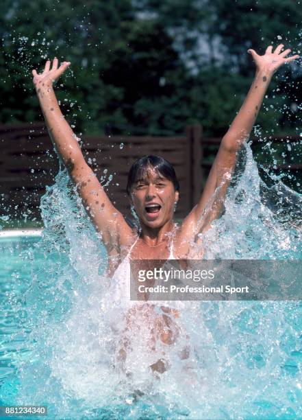 Jo Durie of Great Britain in the swimming pool on a day off during the US Open at the USTA National Tennis Center, circa September 1983 in Flushing...