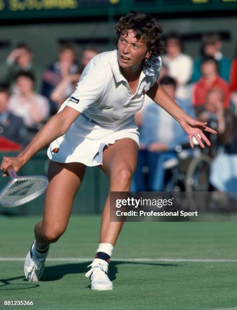 Jo Durie of Great Britain in action during the Wimbledon Lawn Tennis Championships at the All England Lawn Tennis and Croquet Club, circa June, 1984...