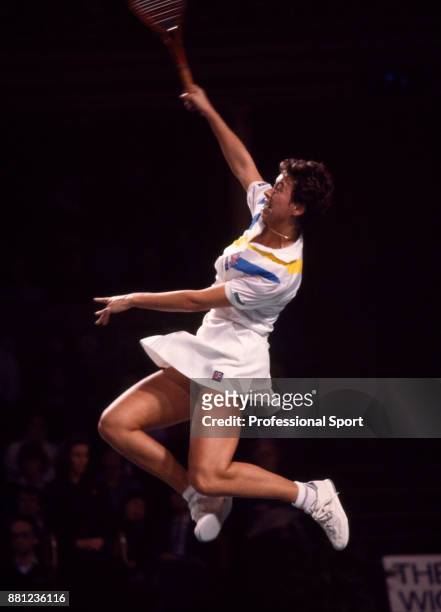 Jo Durie of Great Britain in action during the Wightman Cup tennis competition at the Royal Albert Hall in London, England circa November, 1986.