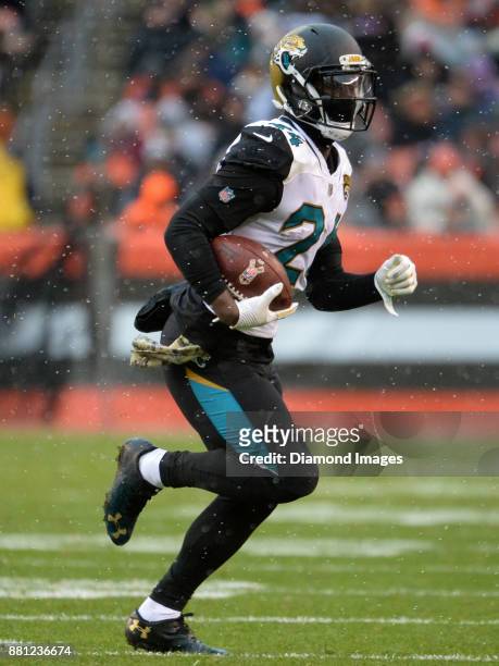 Running back T.J. Yeldon of the Jacksonville Jaguars carries the ball in the second quarter of a game on November 19, 2017 against the Cleveland...