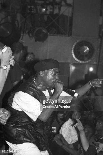 Rapper Tupac Shakur performs onstage at the Palladium on July 23, 1993 in New York, New York.