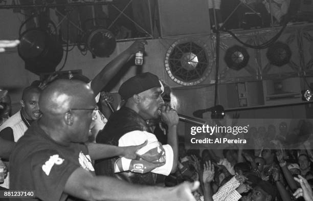 Rapper Tupac Shakur performs onstage at the Palladium on July 23, 1993 in New York, New York.