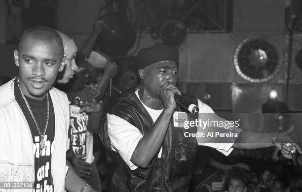 Rapper Tupac Shakur performs onstage at the Palladium on July 23, 1993 in New York, New York.