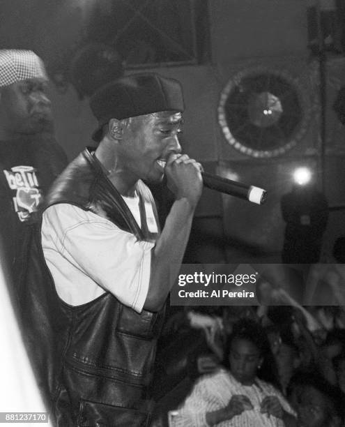 Rapper Tupac Shakur performs onstage at the Palladium on July 23, 1993 in New York, New York.