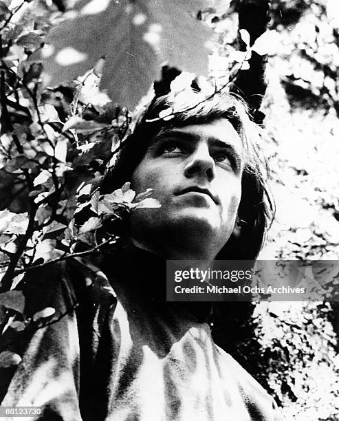 Singer songwriter James Taylor poses for a portrait amongst leaves in 1970.