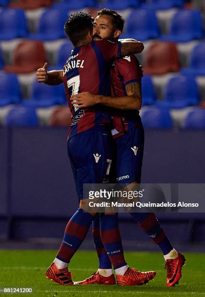 Jose Luis Morales of Levante celebrates scoring his team's second goal with his teammate Samu during the Copa del Rey, Round of 32, Second Leg match...