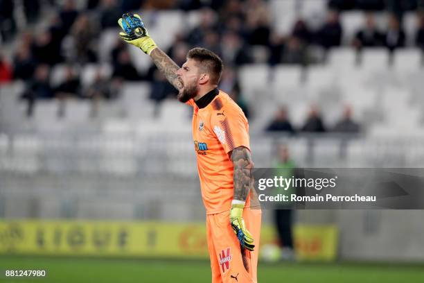 Benoit Costil of Bordeaux gestures during the Ligue 1 match between FC Girondins de Bordeaux and AS Saint-Etienne at Stade Matmut Atlantique on...