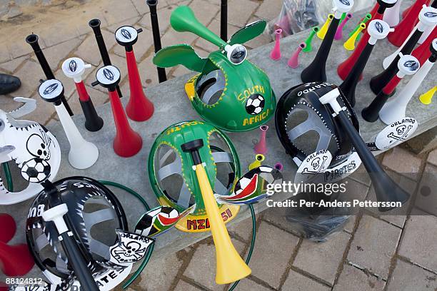 Soccer memorabilia is displayed outside the stadium before a game between Orlando Pirates and SuperSport United on May 9 in Johannesburg, South...