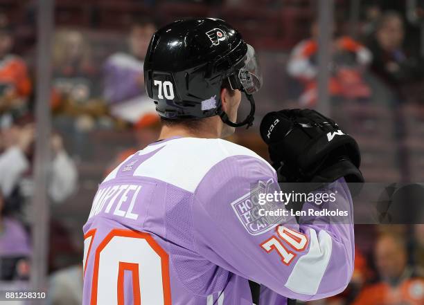 Danick Martel of the Philadelphia Flyers looks on during warmups prior to his game against the San Jose Sharks on November 28, 2017 at the Wells...