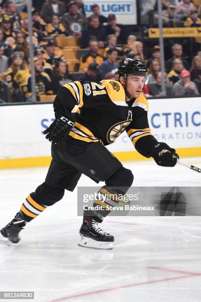 Jordan Szwarz of the Boston Bruins skates against the Edmonton Oilers at the TD Garden on November 26, 2017 in Boston, Massachusetts.