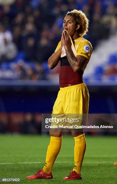 Douglas Luiz of Girona reacts during the Copa del Rey, Round of 32, Second Leg match between Levante and Girona at Ciudad de Valencia Stadium on...