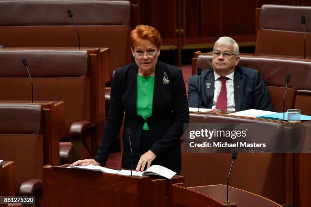 Pauline Hanson speaks in favour of her amendment to the marriage equality bill in the Senate at Parliament House on November 29, 2017 in Canberra,...