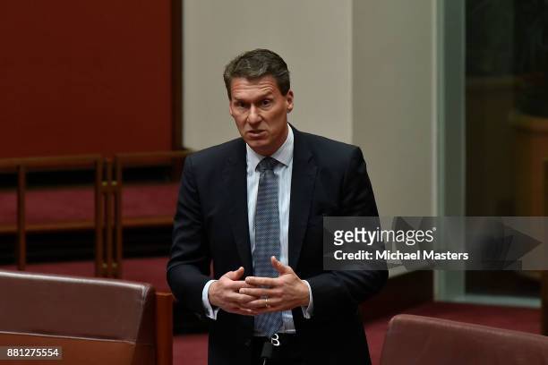 Senator Cory Bernardi speaks during the debate of the marriage equality bill in the Senate at Parliament House on November 29, 2017 in Canberra,...
