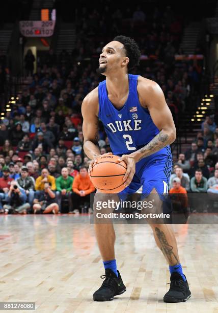 Duke guard Gary Trent Jr. Prepares to shoot in the championship game of the Motion Bracket at the PK80-Phil Knight Invitational between the Duke Blue...