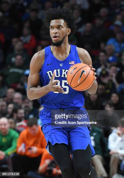 Duke forward Marvin Bagley III brings the ball up court in the championship game of the Motion Bracket at the PK80-Phil Knight Invitational between...