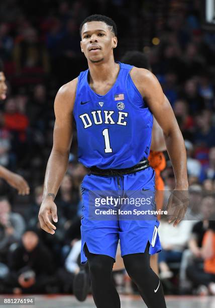 Duke guard Trevon Duval on the court in the championship game of the Motion Bracket at the PK80-Phil Knight Invitational between the Duke Blue Devils...