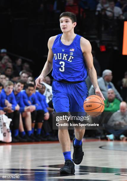 Duke guard Grayson Allen brings the ball up court in the championship game of the Motion Bracket at the PK80-Phil Knight Invitational between the...