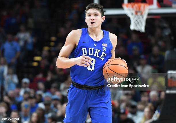 Duke guard Grayson Allen brings the ball up court in the championship game of the Motion Bracket at the PK80-Phil Knight Invitational between the...