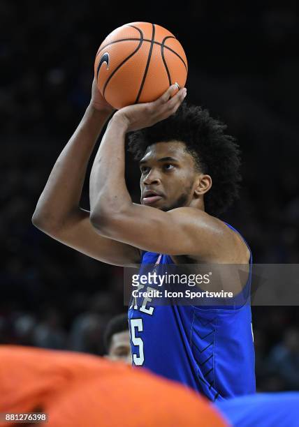 Duke forward Marvin Bagley III takes a foul shot in the championship game of the Motion Bracket at the PK80-Phil Knight Invitational between the Duke...