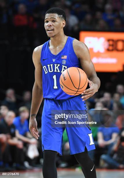 Duke guard Trevon Duval dribbles up court in the championship game of the Motion Bracket at the PK80-Phil Knight Invitational between the Duke Blue...