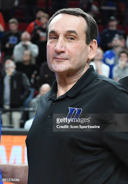 Duke Head Coach Mike Krzyzewski reacts to winning the game in the championship game of the Motion Bracket at the PK80-Phil Knight Invitational...