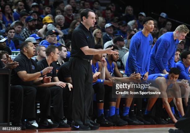 Duke Head Coach Mike Krzyzewski calls out a play in the championship game of the Motion Bracket at the PK80-Phil Knight Invitational between the Duke...