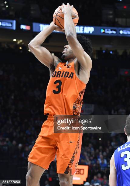 Florida guard Jalen Hudson takes a shot in the championship game of the Motion Bracket at the PK80-Phil Knight Invitational between the Duke Blue...