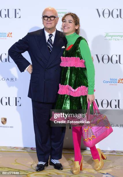 Manolo Blahnik and Cosima Ramirez attend the 'Manolo Blahnik : El Arte Del Zapato' exhibition at the Ritz Hotel on November 28, 2017 in Madrid, Spain.