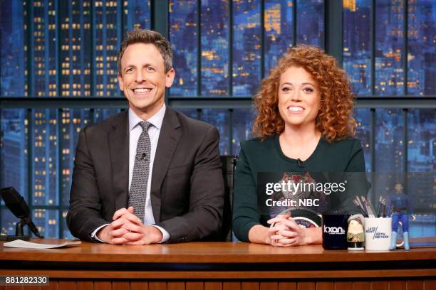 Episode 616 -- Pictured: Host Seth Meyers and comedian Michelle Wolf during the "Bad Sponsors" sketc on November 28, 2017 --