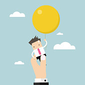 Businessman flying away with balloon but being hindered by businessman large hands. vector