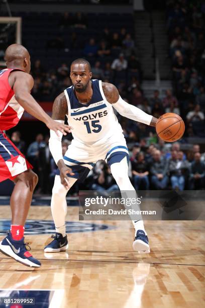 Shabazz Muhammad of the Minnesota Timberwolves handles the ball during the game against the Washington Wizards on November 27, 2017 at Target Center...