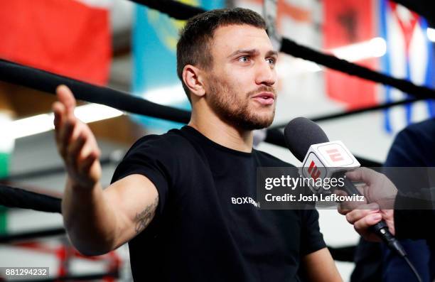 Vasyl Lomachenko speaks to the media before a media workout at the Boxing Laboratory on November 28, 2017 in Oxnard, California.