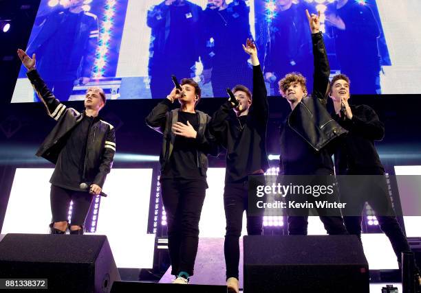Corbyn Besson, Jonah Marais, Zach Herron, Jack Avery, and Daniel Seavey of Why Don't We perform onstage at 106.1 KISS FM's Jingle Ball 2017 Presented...
