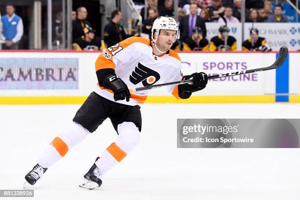 Philadelphia Flyers Center Scott Laughton skates during the first period in the NHL game between the Pittsburgh Penguins and the Philadelphia Flyers...