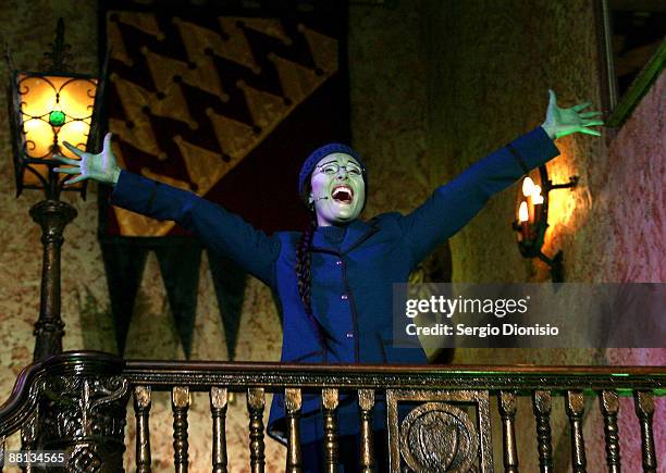 Performer Amanda Harrison, playing the role of Elphaba sings during a media call for 'Wicked' the musical at the Capitol Theatre on June 2, 2009 in...