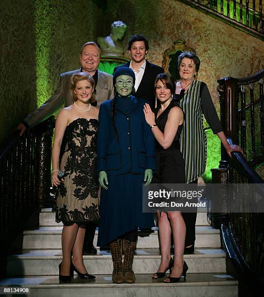 The principal cast, Bert Newton, Rob Mills, Maggie Kirkpatrick, Lucy Durack, Amanda Harrison and Penny McNamee pose during a media call for 'Wicked'...