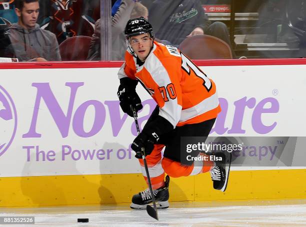 Danick Martel of the Philadelphia Flyers takes the puck in the third period against the San Jose Sharks on November 28, 2017 at Wells Fargo Center in...