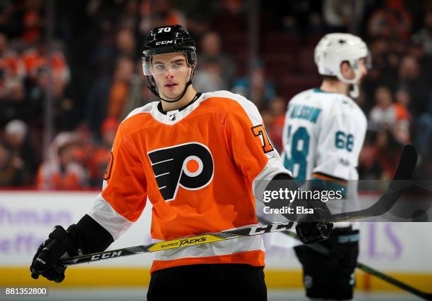 Danick Martel of the Philadelphia Flyers skates during a stop in play in the third period against the San Jose Sharks on November 28, 2017 at Wells...