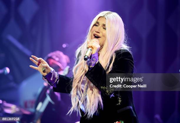 Kesha performs onstage at 106.1 KISS FM's Jingle Ball 2017 Presented by Capital One at American Airlines Center on November 28, 2017 in Dallas, Texas.