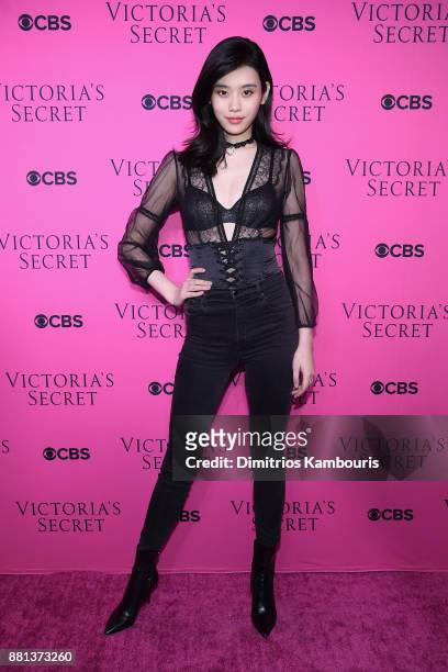 Model Ming Xi attends as Victoria's Secret Angels gather for an intimate viewing party of the 2017 Victoria's Secret Fashion Show at Spring Studios...